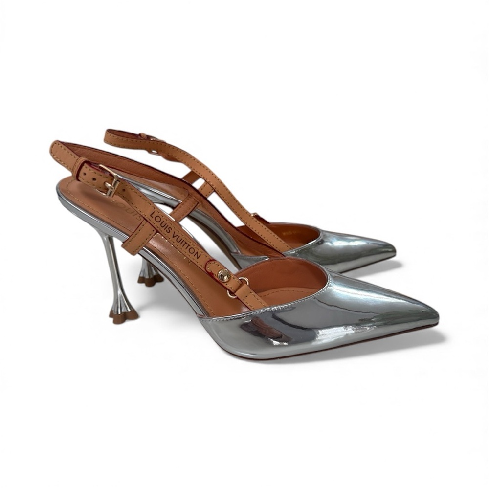 Metallic Silver and Tan Slingback Heels